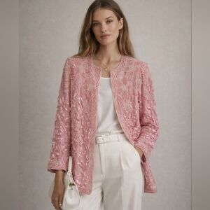 Vintage 80s Pink Silk Beaded Sequin Ribbon Floral‎ Women's Blazer Large Regency
